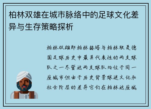 柏林双雄在城市脉络中的足球文化差异与生存策略探析