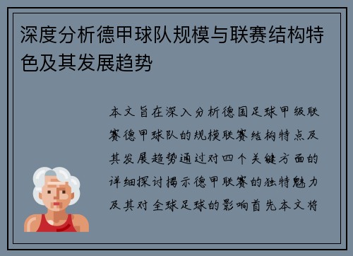 深度分析德甲球队规模与联赛结构特色及其发展趋势