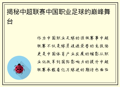 揭秘中超联赛中国职业足球的巅峰舞台
